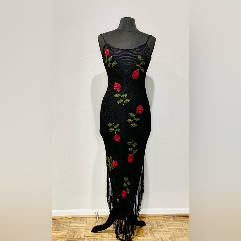 Cache Black Maxi Dress with Red and Green Floral Design